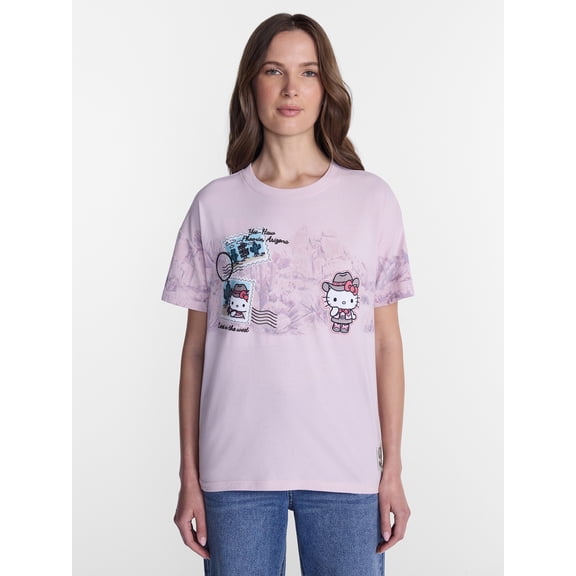 Hello Kitty Women's Printed Embroidered Tee with Short Sleeves, Sizes XXS-4X