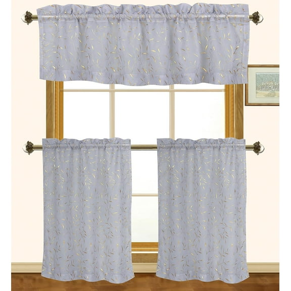 Kashi Home Jane 3 Piece Kitchen Curtain Set Printed Foil Leaves Sheer Fabric Grey/Gold