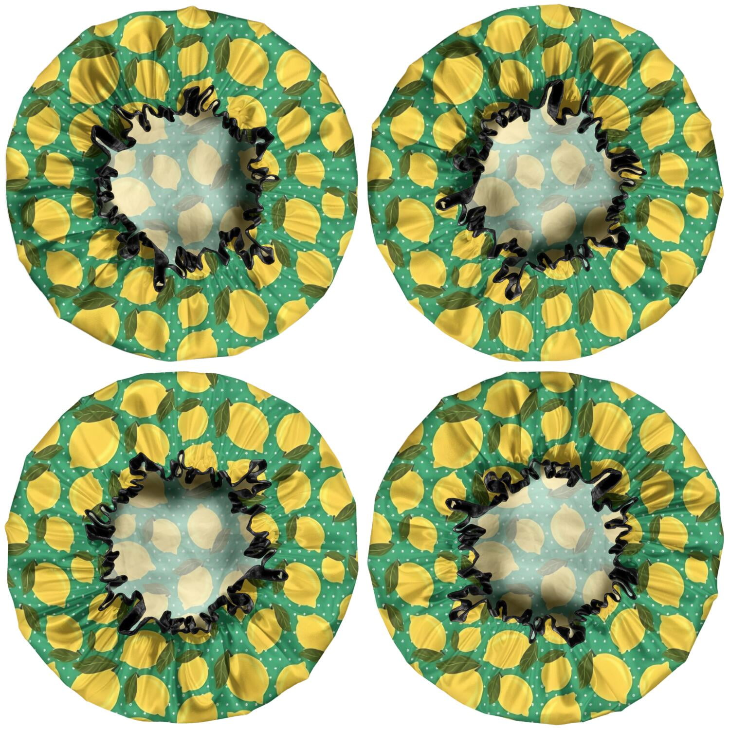 Shower Caps,Yellow Lemon Fruit Dots Green Pattern Waterproof Shower Cap for Women 4 Pieces,Double Reusable Hair Cover for Shower PEVA Elastic Stretch Hem