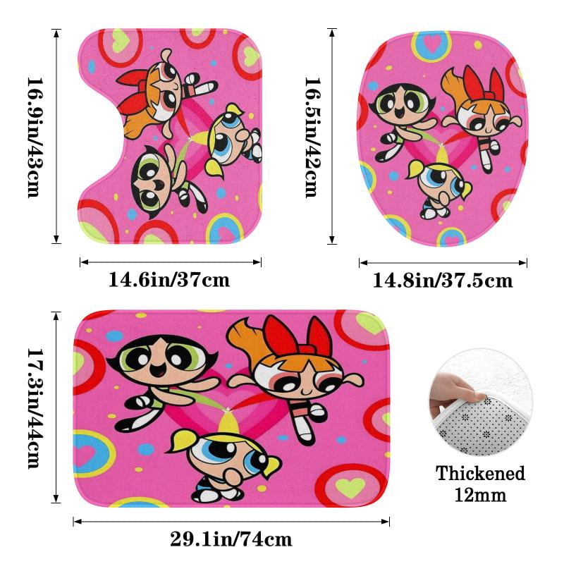 Lheaggik Cartoon Powerpuff Girl 4 Pcs Bathroom Sets with Shower Curtain and Rugs, Waterproof Polyester Shower Curtain Sets with Hooks