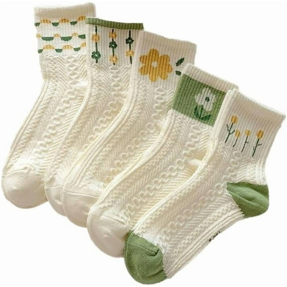 5 Pair Cute Ankle Socks for Women- Cable Knitted Floral Pattern Cute Cottagecore Socks