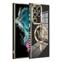 Magnetic Case for Samsung Galaxy S23 Ultra for Women Girl, Cute Butterfly Luxury Bling Plating Soft Back Cover, Raised Camera Protection Bumper, Silicone Shockproof Cover,Black