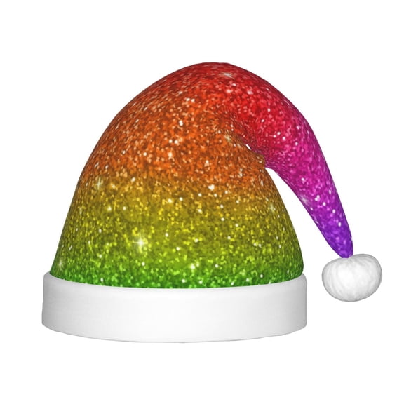 Fuzoiu Rainbow Glitter Print Santa Hat Christmas Hat for kids,Santa Hats with Pompom, Unisex Xmas Holiday Hat for Christmas New Year Festive Party Supplies