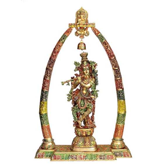 eSplanade Brass Krishna Krishan Murti Idol Statue Sculpture (Very Big Size - 46" Inches Height) | Krishna Idol with Arch Stand Singhasan | Pooja Idols | Home Decor - Multicolour