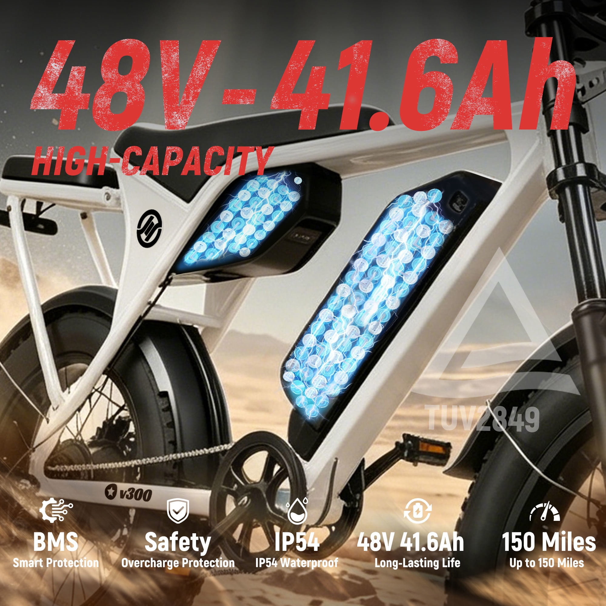 ESKUTE V300 Electric Dirt Bike for Adults & Teens, 48V 41.6Ah Removable Battery, 30+MPH 1500W Motor, NFC Unlock, 20" x 4.0" Fat Tires, 7-Speed White, UL2849