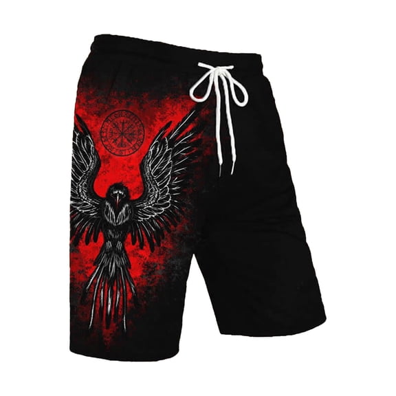 XIAONU Mens Norse Raven Print Casual Shorts Loose Fit Mid Length Drawstring Waist Short Lightweight Shorts
