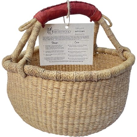 Deluxe Medium Round Natural n Basket with Leather Handle Classic Bolga Market Basket from Women in Bolgatanga, Ghana 14" Round Flatpacked