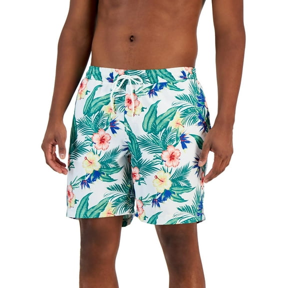 Club Room Men's Daniel Tropical Swim Trunks Tropical Print White Green
