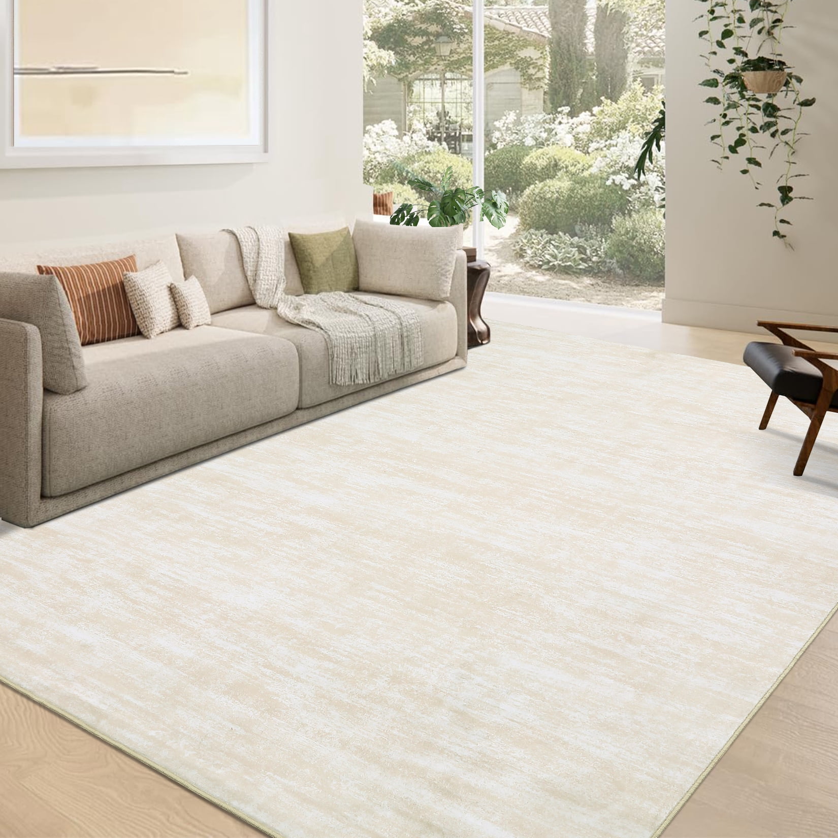 FairOnly 5'x7'Modern Abstract Non Slip Non Shedding Area Rug Solid Texture Machine Washable Rug for Living Room Bedroom Dining Room，Beige White