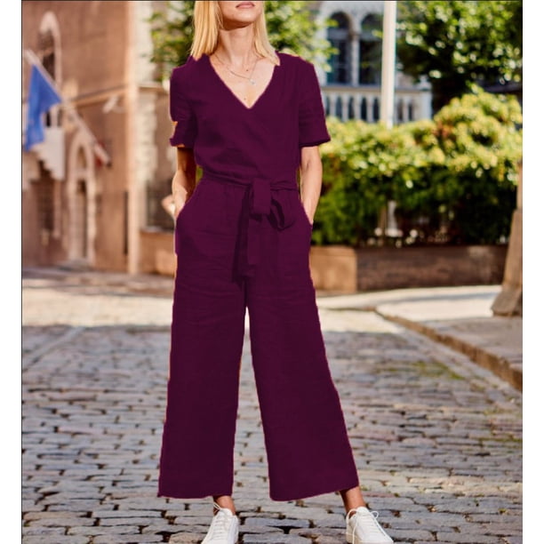 Pantalones casuales holgados de un solo cuerpo de color sólido de manga corta de primavera y verano Diseño versátil