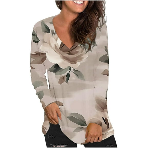 Women's Shirts Fashion Floral Print Dressy Blouses Casual V-Neck Shirt Pullover Long Sleeve Loose Work Tops Spring Summer Outdoor,Beach,Vacation Top Style03 M