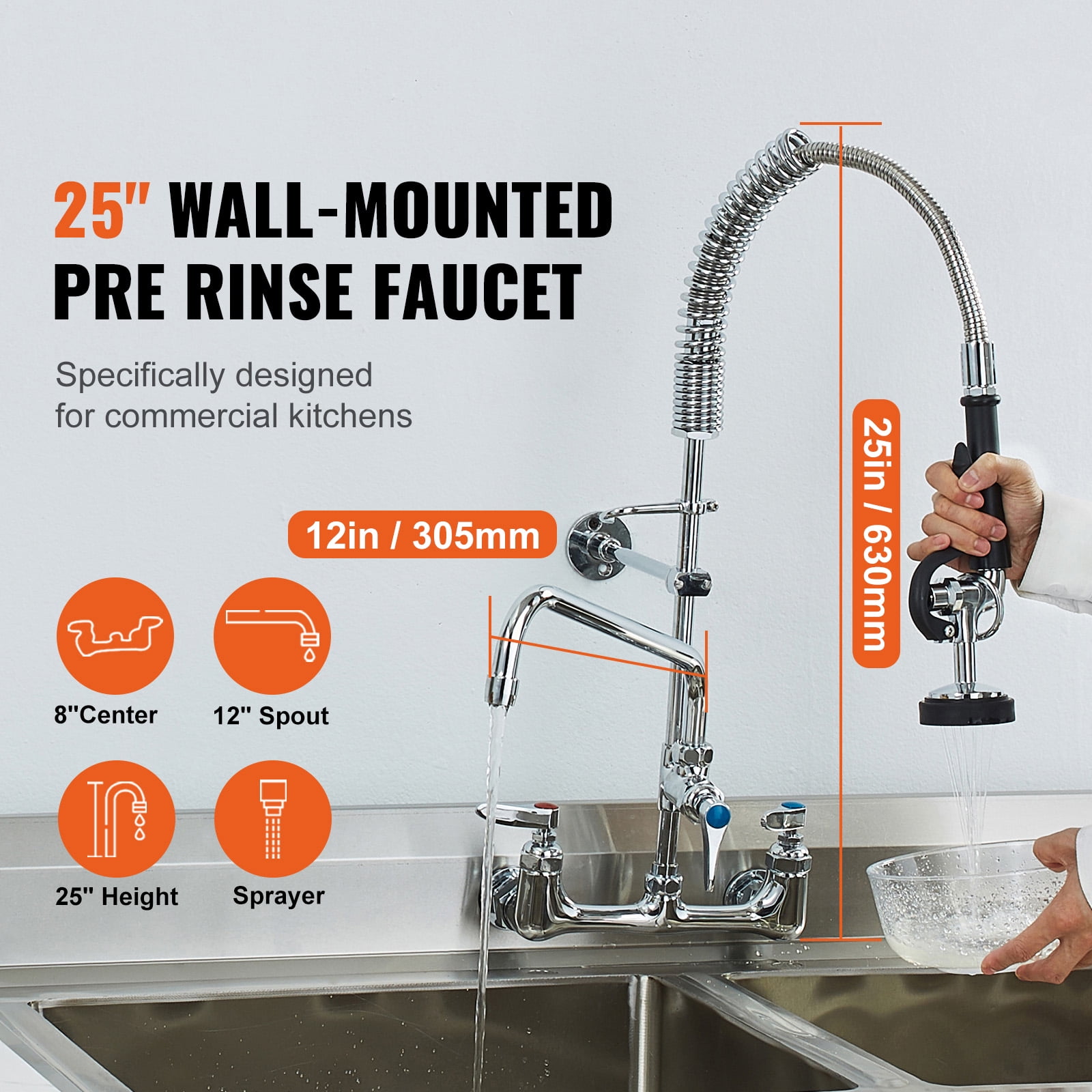 KFFKFF 25" High Commercial Kitchen Wall Mount Sink Faucet Pre-Rinse Sprayer