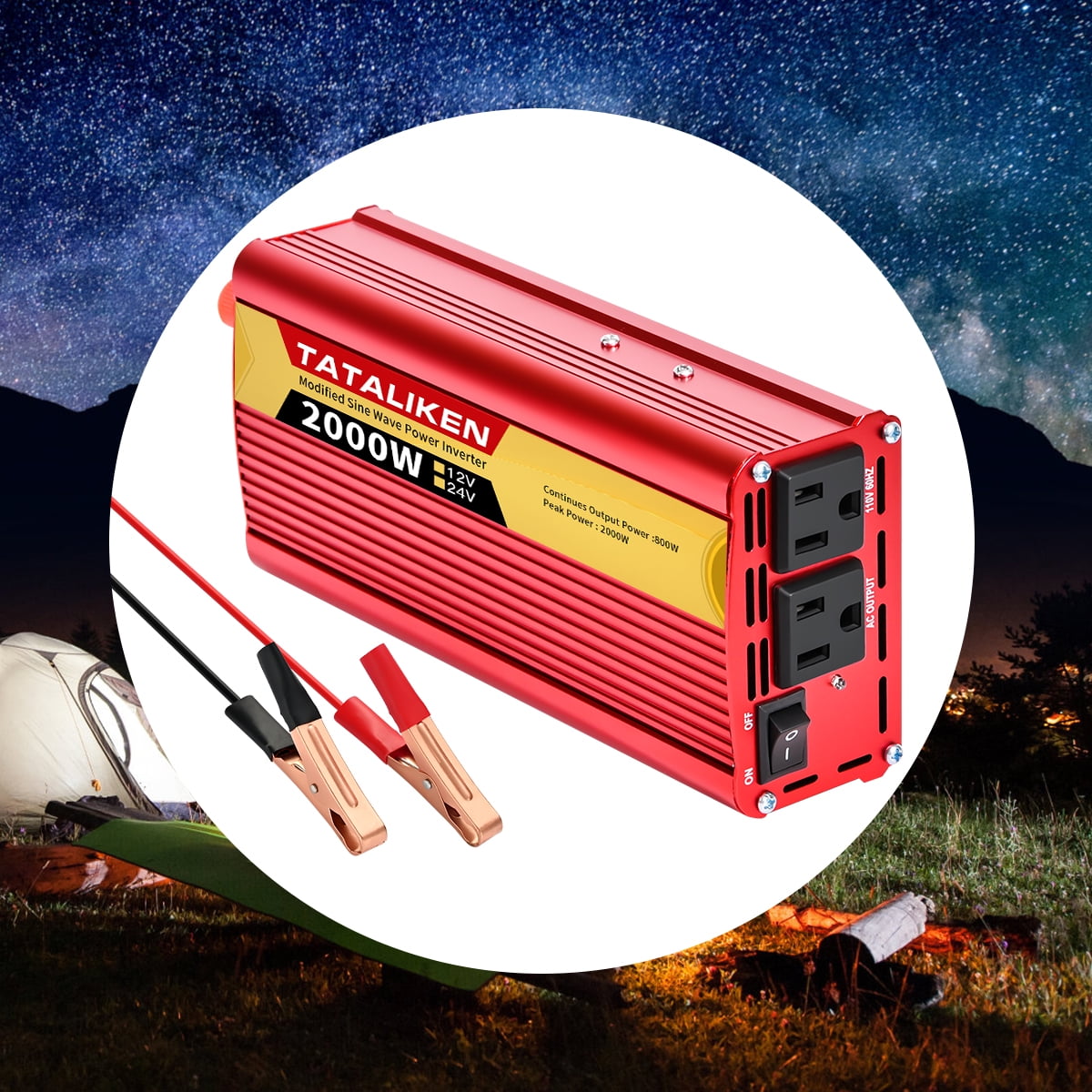 TATALIKEN 2000W（Rating power 800 W）Power Inverter DC 12V to AC 110V/120V Car Inverter with Battery Clamp Cable 2 AC Outlets for Power Tools Home Vehicles RV Truck, Red