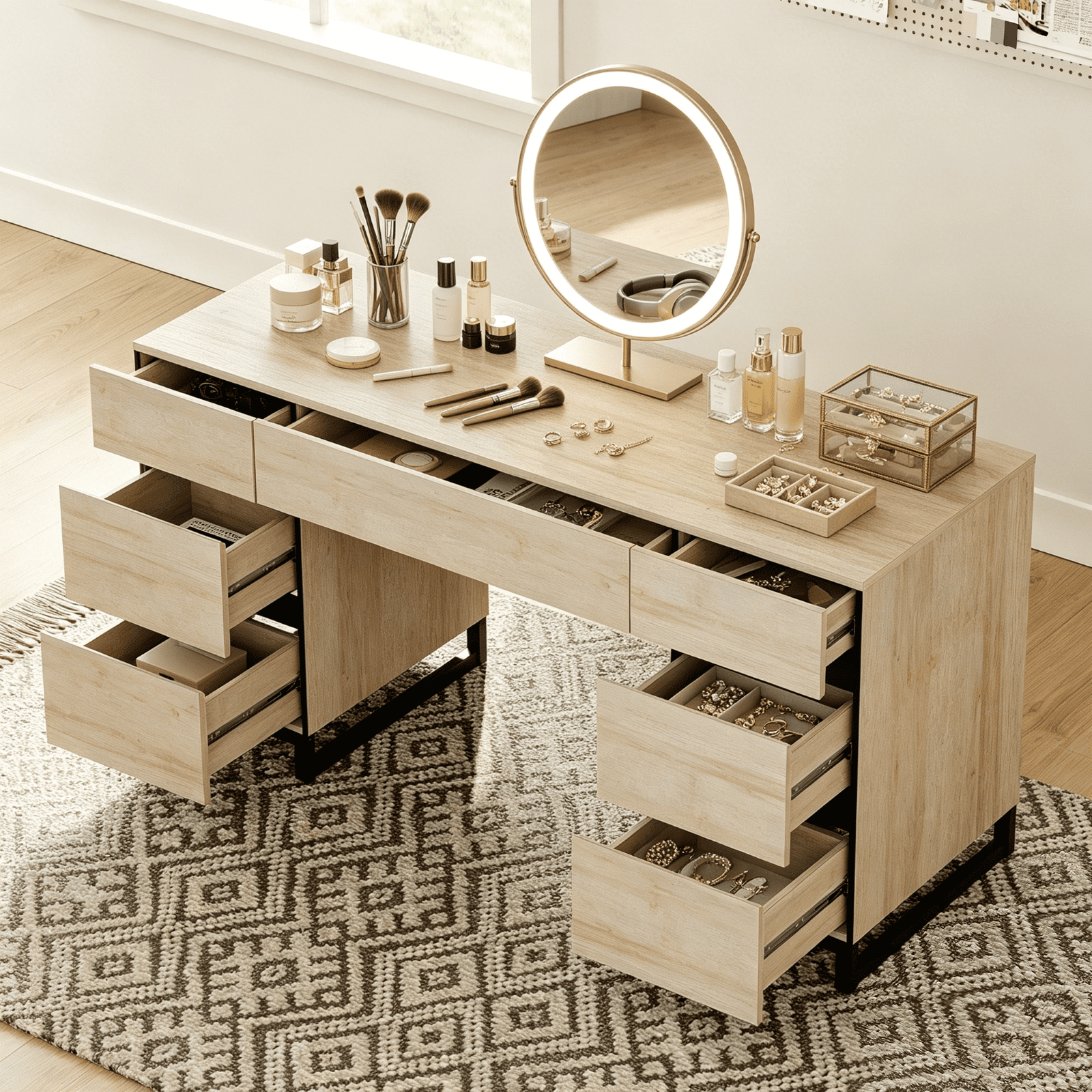 WAMPAT 59 Inch Modern Oak Vanity Desk, Wooden Makeup Dressing Table with Built-in Charging Station and 7 Deep Storage Drawers & Cabinets, Multifunctional Cosmetic Organizer Table for Bedroom,Beige