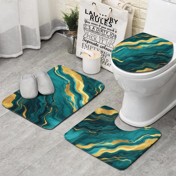 Teal and Gold Marble Wavy Veins Pattern Bathroom Rugs Sets 3 Piece,Toilet Cover Set,Absorbent Non Slip Bathroom Mats Sets with U-Shaped Contour Rug Toilet Rug Set