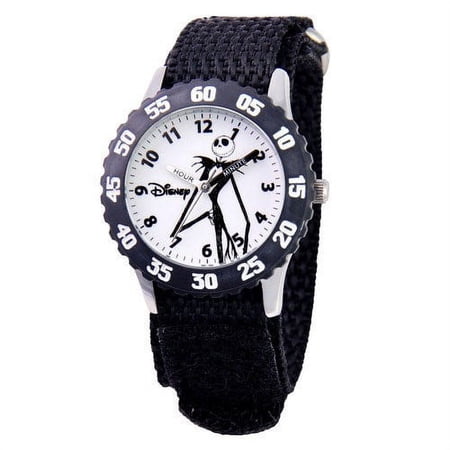 The Nightmare Before Christmas Jack Skellington Boys' Stainless Steel Time Teacher Watch, Black Bezel, Black Nylon Strap