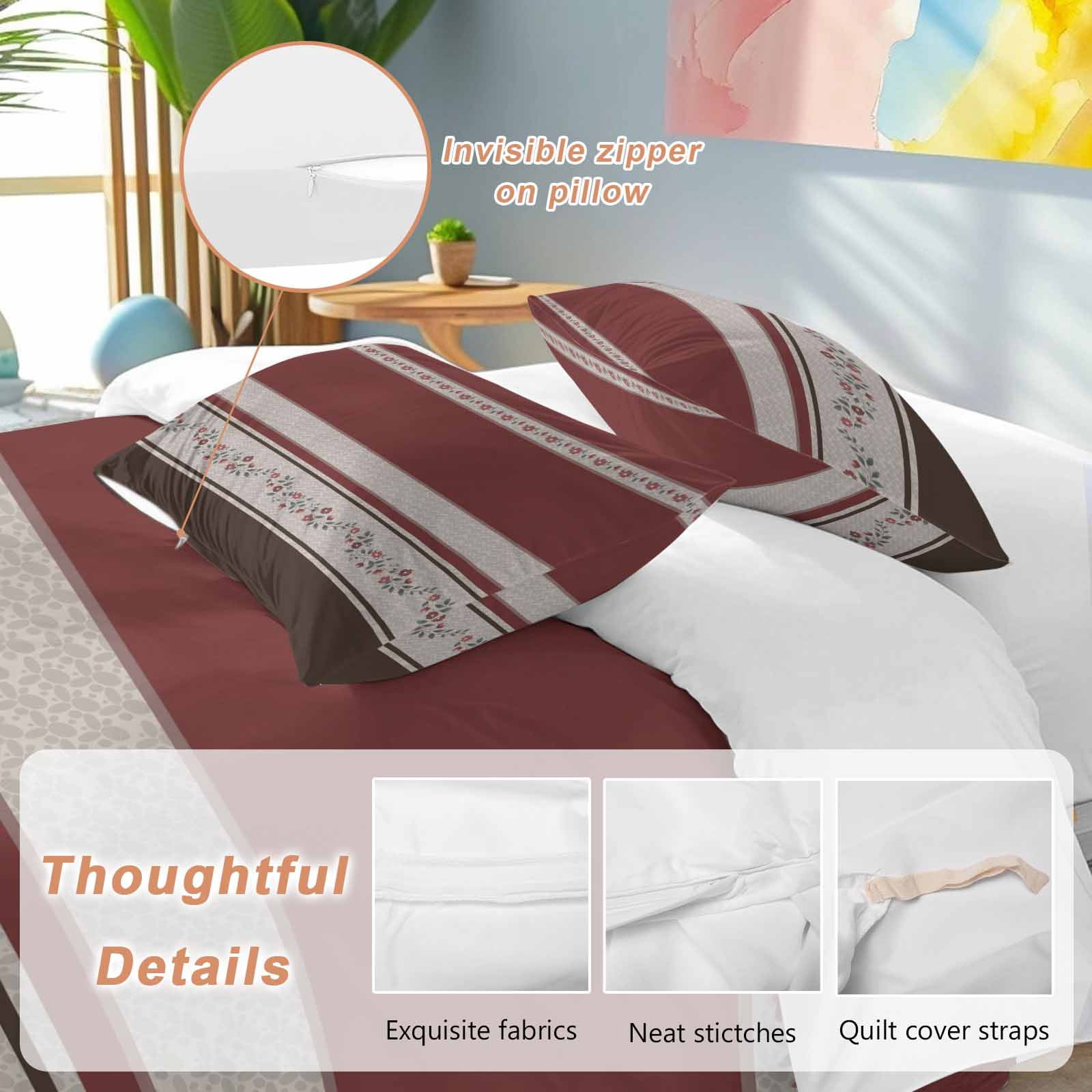 Red Floral Bedding 3 Piece Duvet Cover Set California King, Modern Farmhouse Leaves Brown Striped Microfiber Comforter Cover with Zipper Closure & Pillowcases, Wrinkle & FadeResistant Quilt Cover