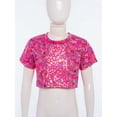 thumbnail image 4 of YUUMIN Girls Hip Hop Clothes Jazz Dance Performance Outfits Glittery Round Neck Crop Tops Modern Streetwear Hot Pink 5-6, 4 of 7
