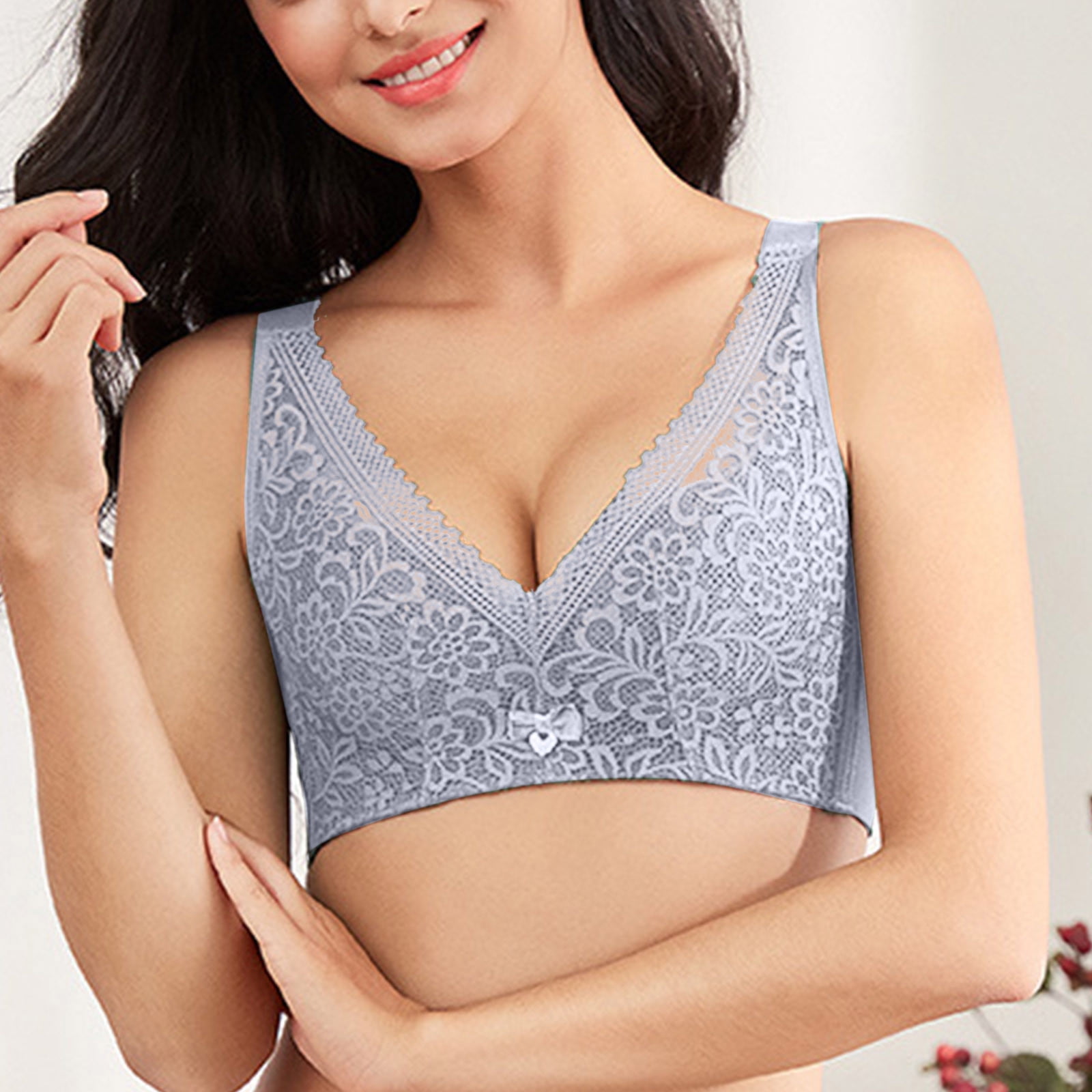 Womens Wireless Plus Size Lace Bra Unlined Full Coverage Comfort Cotton  Blue Mist Gray 38H