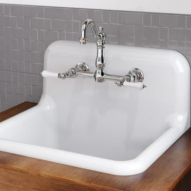 Wall Mounted Bridge Kitchen Faucet with Porcelain Lever Handles - 7 Inch Spout Reach