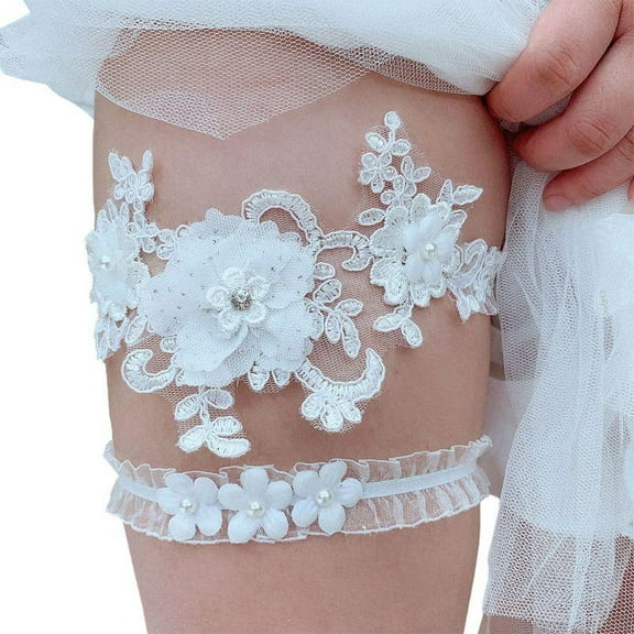 GENEMA 2Pcs/Set Womens Bridal Stretch Wedding Thigh Rings Embroidery Flower Faux Pearl Rhinestone Jewelry Prom Party Leg Garter Belt