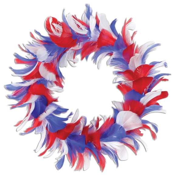 Beistle Fancy Patriotic Feather Wreath 4th Of July Decorations Labor Day Party Supplies, 8", Red/White/Blue