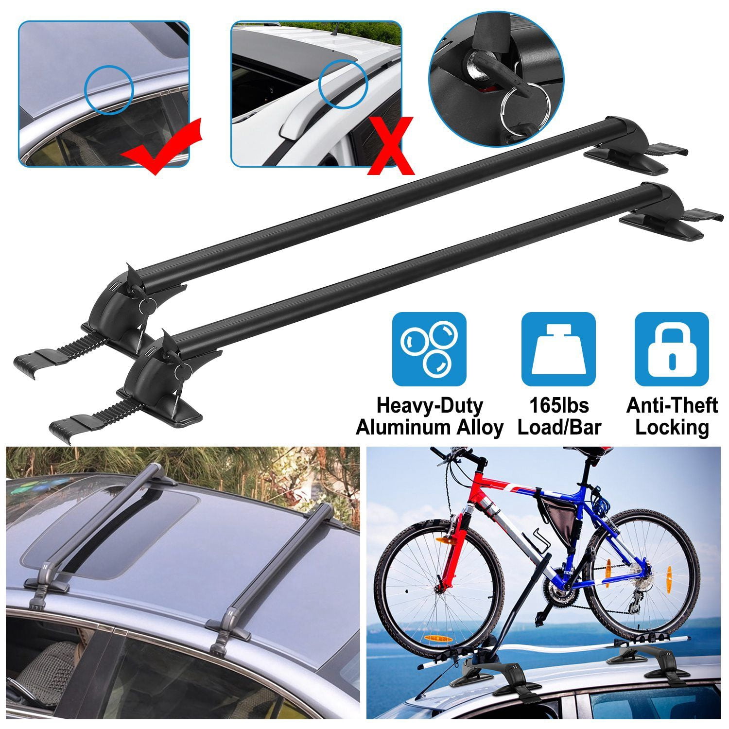 2PCS Universal 43"Car Roof Rack Cross Bars with Anti-Theft Lock Adjustable Aluminum Window Frame Crossbars for Bike Kayak Cargo Luggage