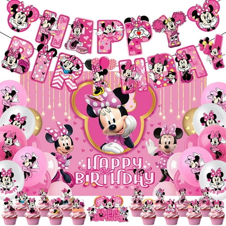 Mickey Minnie Birthday Party Supplies, Cartoon Birthday Decorations Supplies, Balloons Banner Backdrop Cake Topper Hanging Swirls Decorations for Themed Party