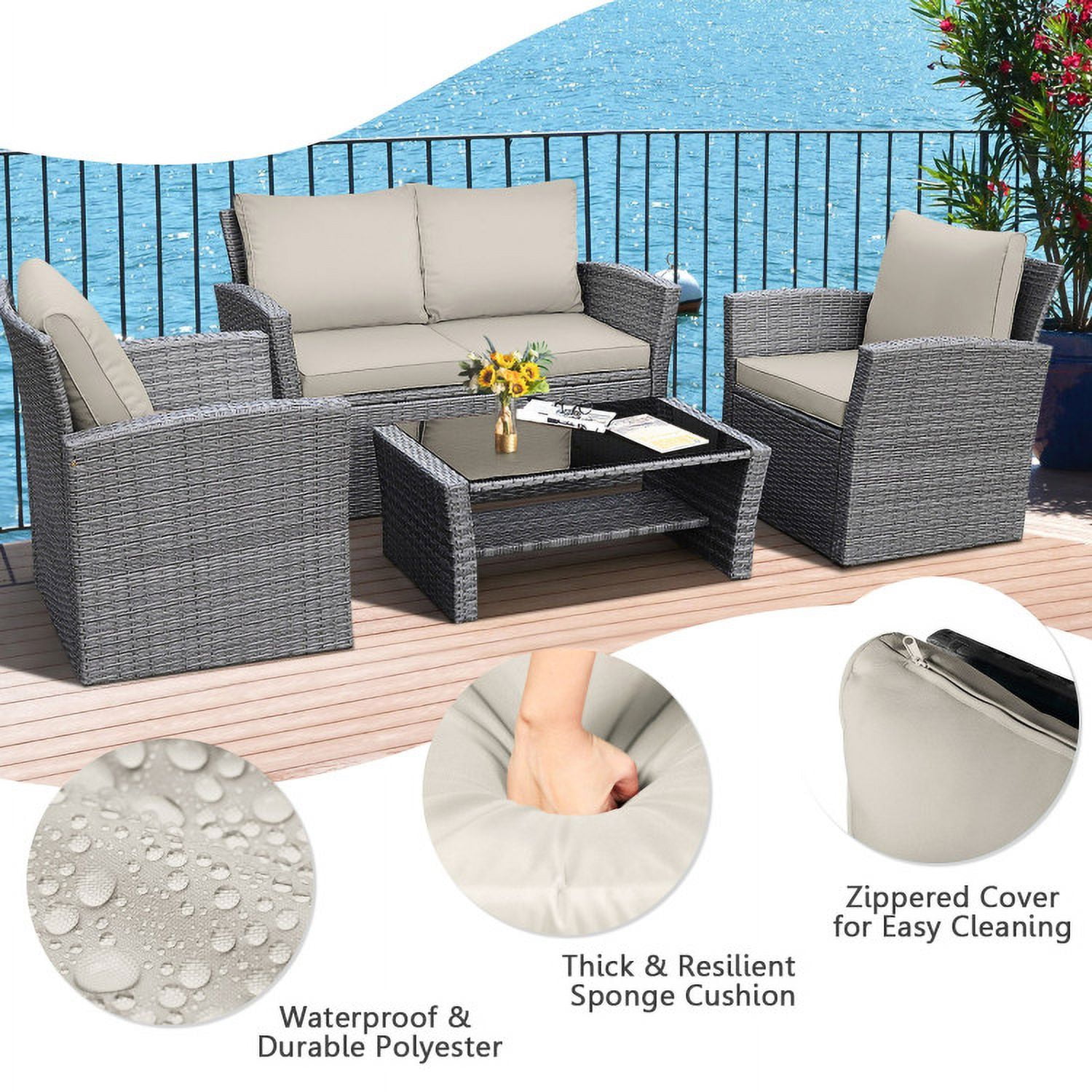 Aimee Lii 4 Pieces Wicker Patio Furniture Set Sofa Table with Storage Shelf Cushion, Modern Patio Furniture, Khaki Aimee Lii 4 Pieces Wicker Patio Furniture Set Sofa Table with Storage Shelf Cushion, Modern Patio Furniture, Khaki
