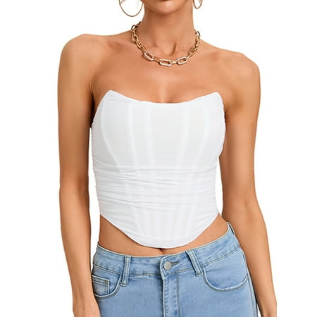 FOCUSSEXY Women s Vintage Strapless Open Back Boned Mesh Bustier Zip Back Corset Bodyshaper Crop Top Backless Fishbone Shapewear