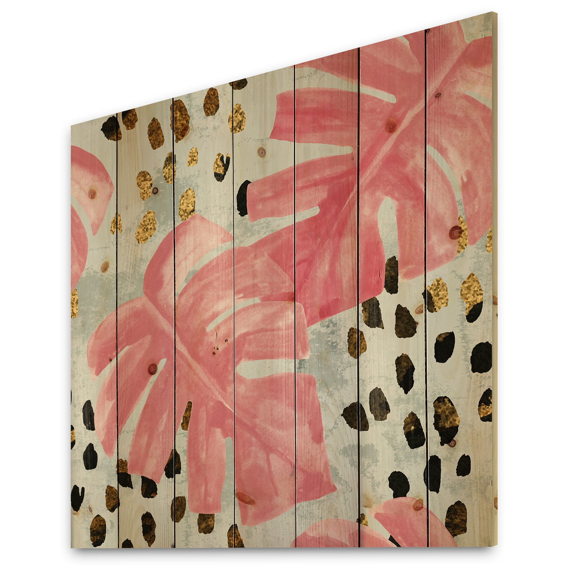 Designart 'Rough Brush Strokes Pink Colored Monstera II' Tropical Print on Natural Pine Wood
