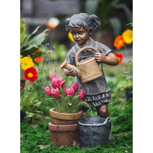 Girl Watering Flower Fountain by