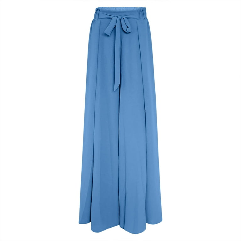 Bigersell Blue Pants for Women Full Length Fashion Women Summer Bow Casual  Loose High Waist Pleated Wide Solid Trousers Pants Stretch Jumpsuit for  Ladies 