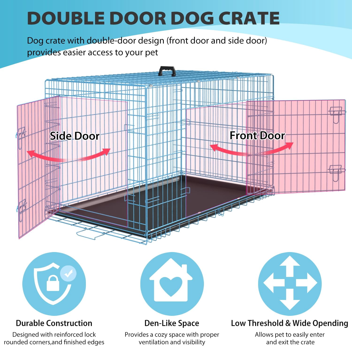 XF XINFENG 36 inch Dog Cage for Medium Breeds Folding Metal Wire Dog Crate with Double Door,Leakproof Tray for Indoor Outdoor ,Blue