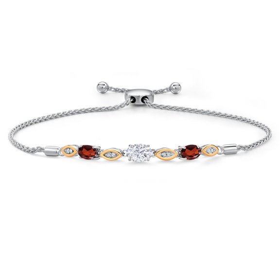 Gem Stone King 925 Silver and 10K Yellow Gold White Moissanite and Red Garnet and Lab Grown Diamond Bracelet for Women | 2.10 Cttw | Gemstone | Oval 7X5MM | Fully Adjustable 9"