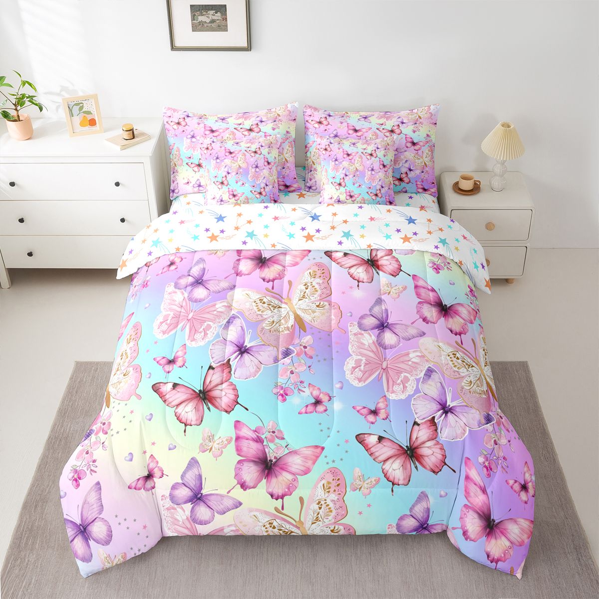 Homewish Flying Colorful Butterflies 7-Piece Bedding Comforter Set For Teens Girls Adults Female,Dreamy Princess King Bedding Sets,Abstract Gradient Ombre Ultra Soft Bed Sheets,Super Cozy Room Decor