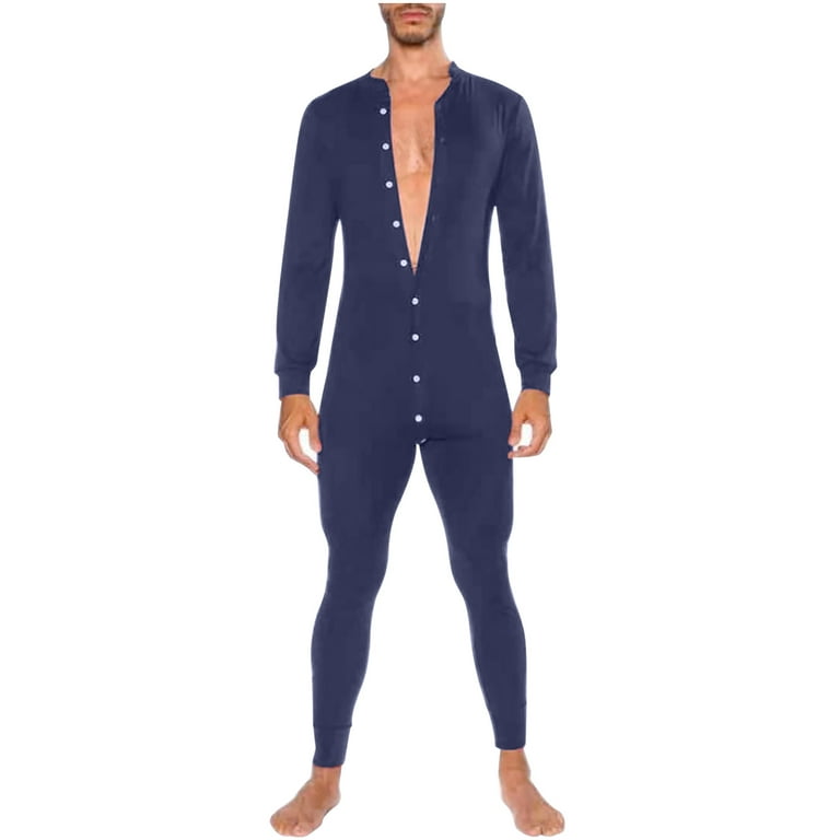 Mens Onesie,One Piece Long Sleeve Onesie Henley Jumpsuit Stretchy Cotton  Sleepsuit Button Down Solid Color Slim Fit Nightwear Underwear Pajamas