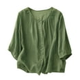 thumbnail image 2 of Fznquz Cotton Linen Tops Women Button Down 3/4 Sleeve Shirt Casual Plain Spring Summer Green Womens T Shirts, 2 of 4