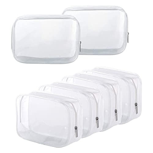 6 Pack Clear Toiletry Carry Pouch with Zipper Portable Plastic Waterproof Cosmetic Bag TSA Approved for Vacation Travel Bathroom and Organizing (White,Large)