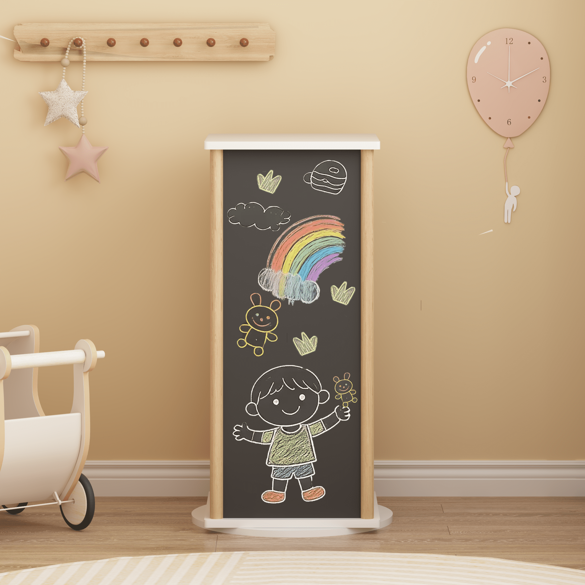 360° Rotating Kids Bookshelf with Chalkboard, 3-Tier Wood Floor Revolving Bookcase & Toy Storage Organizer, Picture Book Display Stand for Toddlers, Nursery & Playroom, White and Natural