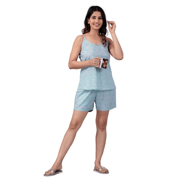 Women’s Sky Blue Cotton Top & Shorts Set – Comfortable Loungewear & Sleepwear