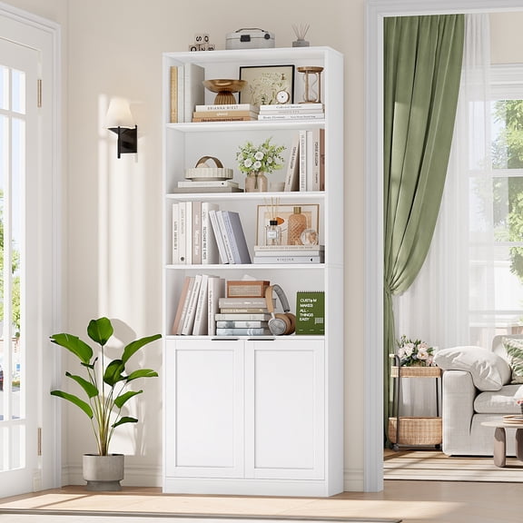 Hiphuta 73" Tall 6-Tier Bookcase with Cabinet, 26" Wide Minimalist Single Row Bookshelf with 2 Doors and 4 Open Shelves, for Office Living Room, White