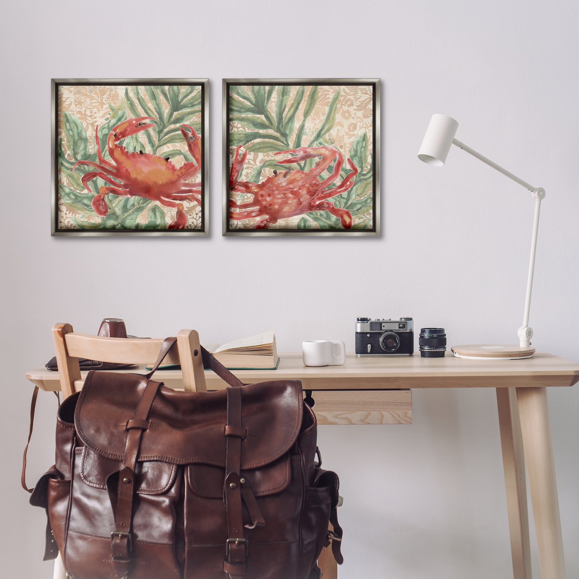 Stupell Industries Red Crab & Seaweed Animals Painting Gray Floater Framed Canvas Art Print Wall Art, 18 x 18, Set of 2