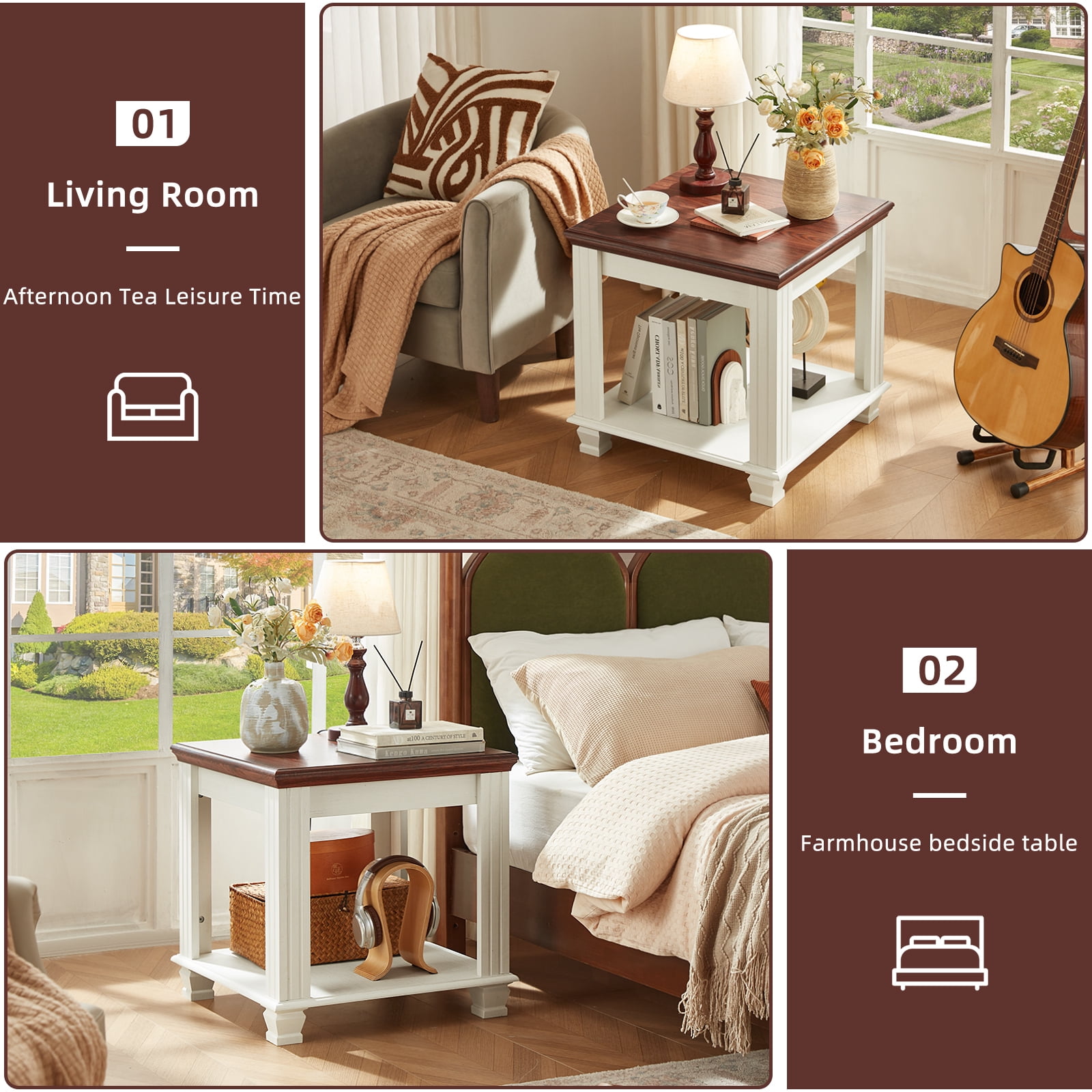 Buildhom Farmhouse End Table Set of 2, Large 2-Tier Side Table with Storage Shelf, Rustic Brown Square Tea Table for Living Room, White