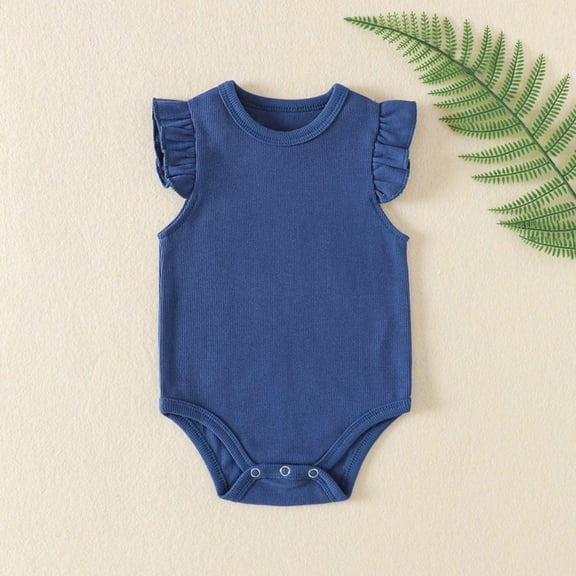 Baby Girl Onesies Girls Ruffle Short Sleeve Solid Casual Knitted Romper Baby Rompers Girl Blue 9-12 Months