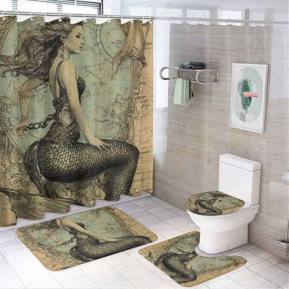 RKSupls 4PCS Christmas Shower Curtain Sets, Vintage Mermaid Shower Curtain Set, Christmas Bathroom Sets with Non-Slip Rugs, Toilet Lid Cover and Bath Mat with Hooks