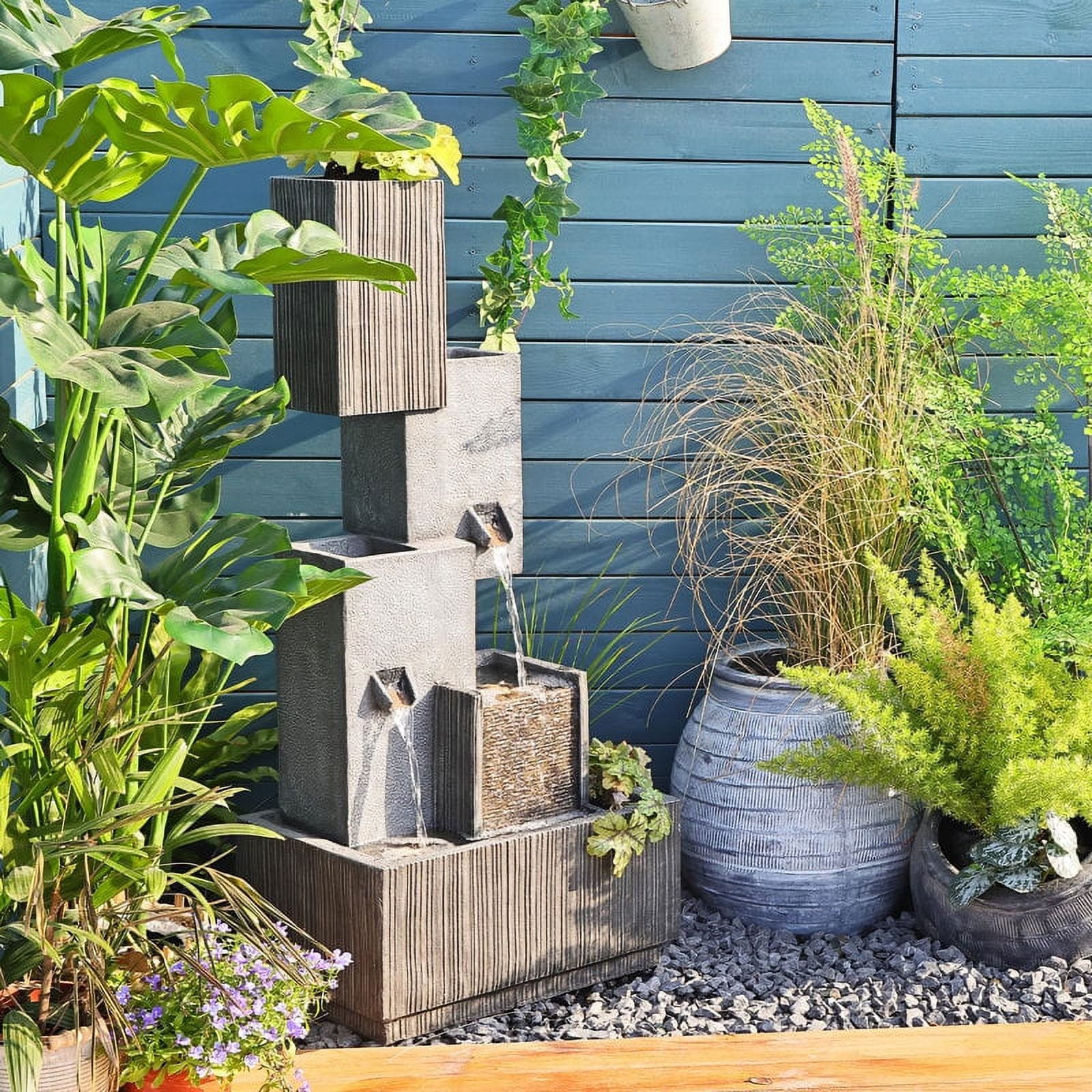 Modern Patio Fountain 4-Tier Outdoor Water Fountain Garden Water Feature Planter with LED Lights for Garden, Patio, Backyard, Deck, Porch and Home Art Decor