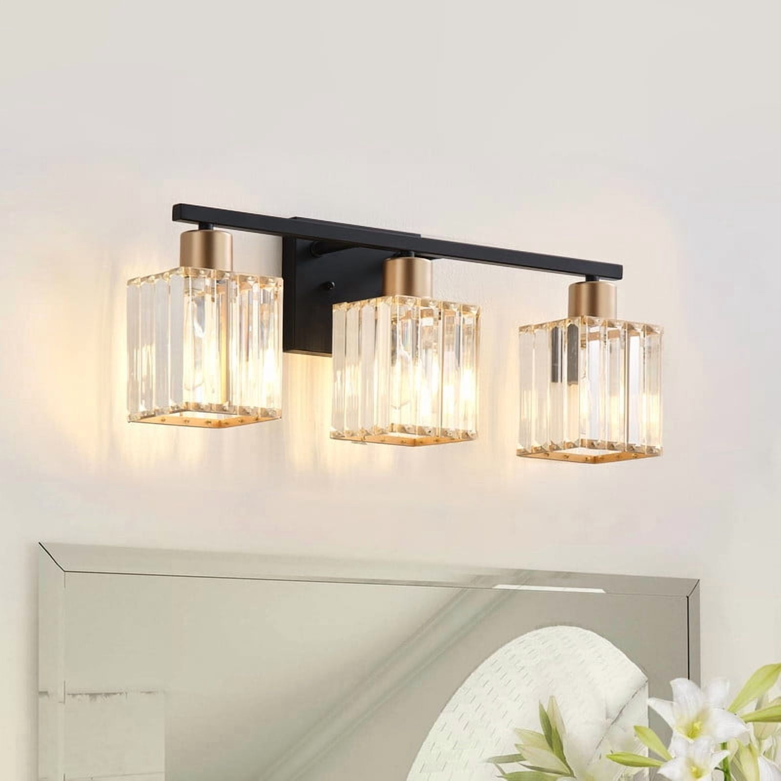 Aiwen 3-Light Vanity Lights, Crystal Glass Shades with Gold Accents, Modern Black Finish Light Fixture for Living Room, Bathroom & Hallway