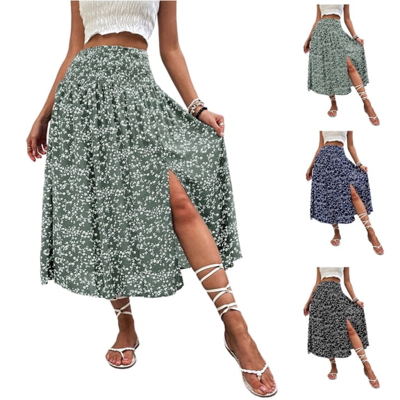 Bbyeadc Summer Skirts for Women Midi A Line Flowy Skirt Side Slit High Waisted Boho Floral Print Skirts Elegant Beach Outfits ,Green (M)