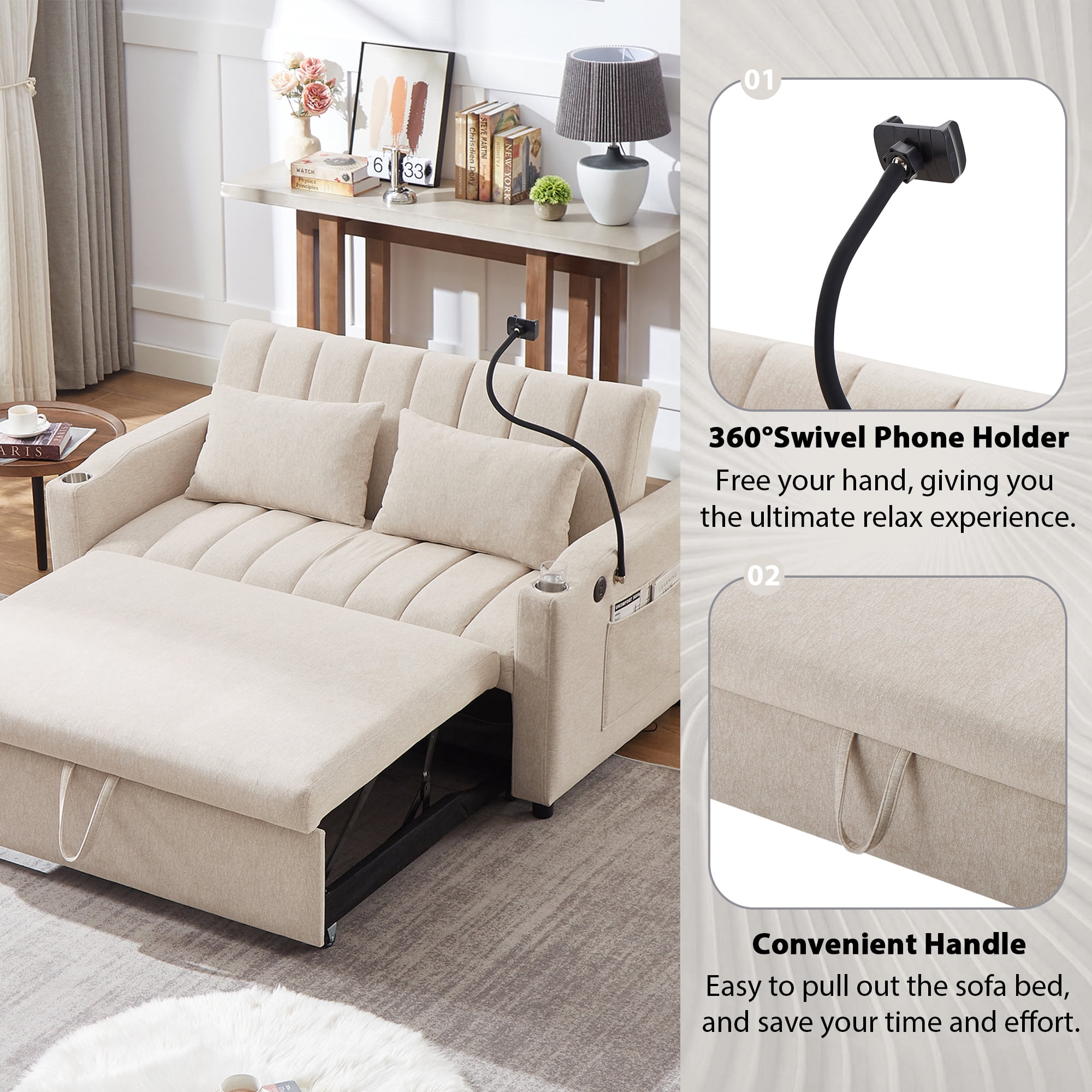 EUROCO 1100LBS Queen Pull Out Sofa Bed, 55.9" Convertible Sleeper Loveseat with 3 USB Ports, 2 Side Pockets,2 Cup Holders and 360°Swivel Phone Holder,Modern Loveseat Sofa for Living Room